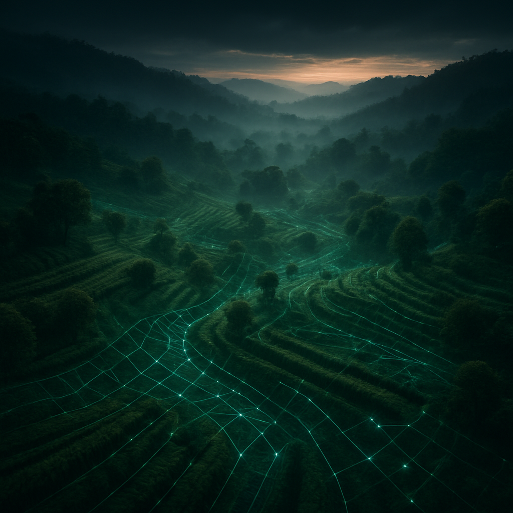 Regenerative agroforestry landscape at dawn with a glowing green digital grid overlay